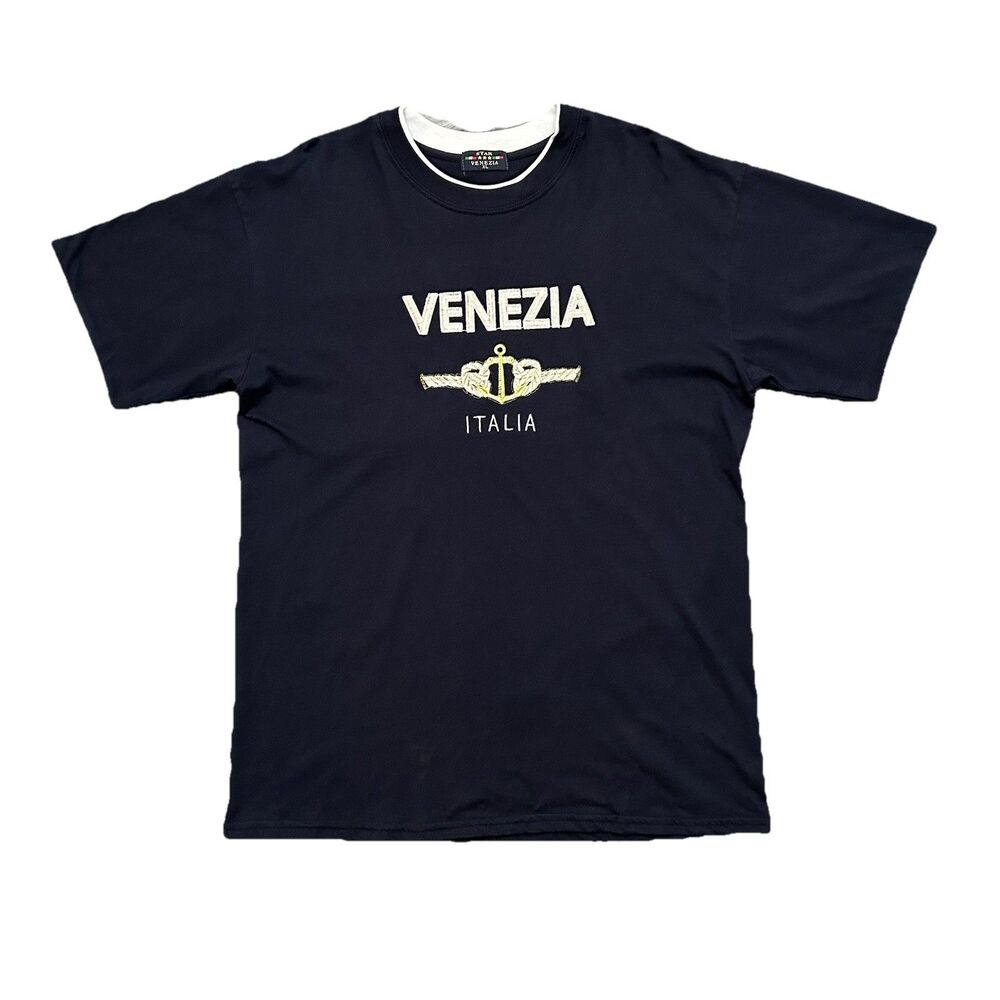 Vintage 90s Star Venezia Italia Mens Shirt XL Navy Blue Blokecore Embroidered